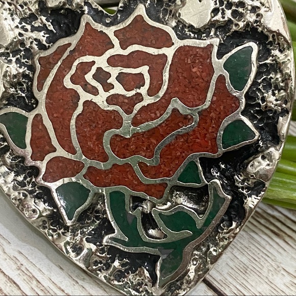 Vintage S.S.I. Enamel Inlay Rose Flower Heart-shaped Belt Buckle - Picture 10 of 12